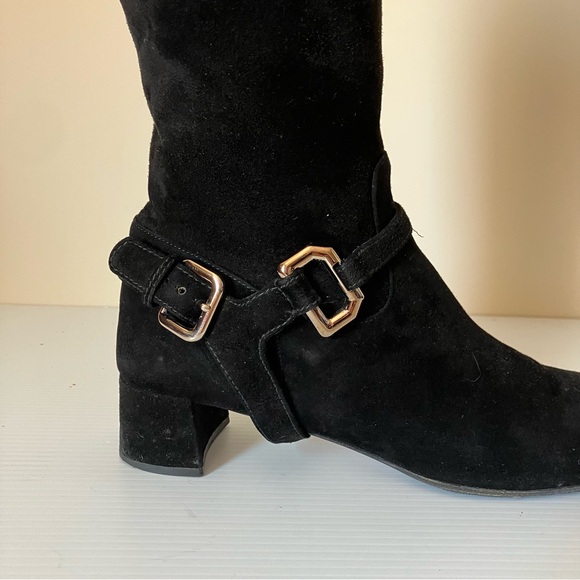 Prada Black Suede Mid Calf Gold Buckle Riding Boots size EU 40 US 9.5 - Picture 3 of 11